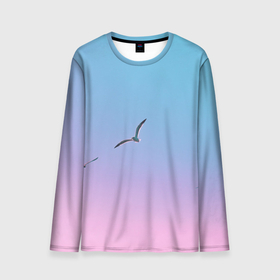 Мужской лонгслив 3D с принтом чайки птицы полет градиент в Екатеринбурге, 100% полиэстер | длинные рукава, круглый вырез горловины, полуприлегающий силуэт | градиент | закат | минимализм | небо | полет | природа | просто | птицы | рассвет | чайки