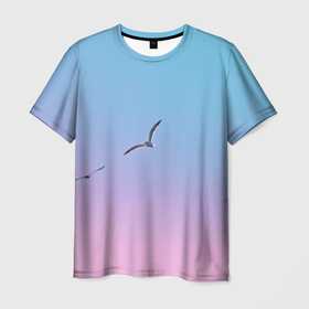 Мужская футболка 3D с принтом чайки птицы полет градиент в Кировске, 100% полиэфир | прямой крой, круглый вырез горловины, длина до линии бедер | градиент | закат | минимализм | небо | полет | природа | просто | птицы | рассвет | чайки