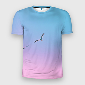 Мужская футболка 3D спортивная с принтом чайки птицы полет градиент в Петрозаводске, 100% полиэстер с улучшенными характеристиками | приталенный силуэт, круглая горловина, широкие плечи, сужается к линии бедра | Тематика изображения на принте: градиент | закат | минимализм | небо | полет | природа | просто | птицы | рассвет | чайки