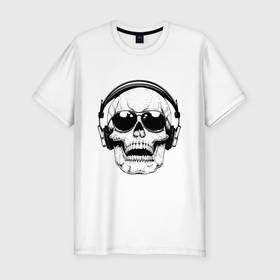 Мужская футболка хлопок Slim с принтом Skull   Music lover в Екатеринбурге, 92% хлопок, 8% лайкра | приталенный силуэт, круглый вырез ворота, длина до линии бедра, короткий рукав | grin | headphones | jaw | metal | music | skull | teeth | зубы | металл | музыка | наушники | оскал | очки | пасть | череп