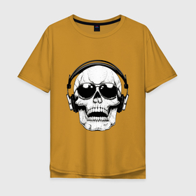 Мужская футболка хлопок Oversize с принтом Skull   Music lover , 100% хлопок | свободный крой, круглый ворот, “спинка” длиннее передней части | grin | headphones | jaw | metal | music | skull | teeth | зубы | металл | музыка | наушники | оскал | очки | пасть | череп