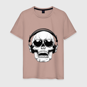 Мужская футболка хлопок с принтом Skull   Music lover в Санкт-Петербурге, 100% хлопок | прямой крой, круглый вырез горловины, длина до линии бедер, слегка спущенное плечо. | grin | headphones | jaw | metal | music | skull | teeth | зубы | металл | музыка | наушники | оскал | очки | пасть | череп