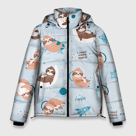 Мужская зимняя куртка 3D с принтом Паттерн ленивец космос полет в Тюмени, верх — 100% полиэстер; подкладка — 100% полиэстер; утеплитель — 100% полиэстер | длина ниже бедра, свободный силуэт Оверсайз. Есть воротник-стойка, отстегивающийся капюшон и ветрозащитная планка. 

Боковые карманы с листочкой на кнопках и внутренний карман на молнии. | Тематика изображения на принте: звери | космонавт | космос | ленивец | ленивцы | луна | надписи | паттерн | пижама | планета | полет | путешествие | ракета | узор