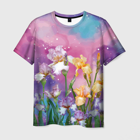 Мужская футболка 3D с принтом Сказочные Ирисы в Тюмени, 100% полиэфир | прямой крой, круглый вырез горловины, длина до линии бедер | pink | summer | бабочки | бутоны | ветки | женщинам | звезды | ирисы | лепестки | летний | лето | листья | любовь | март | небо | облака | подарок | поляна | природа | радуга | растения | сад | тропика | цветение