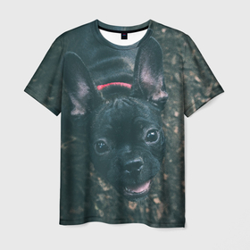 Мужская футболка 3D с принтом Бульдог морда собакена черного в Кировске, 100% полиэфир | прямой крой, круглый вырез горловины, длина до линии бедер | Тематика изображения на принте: бульдог | гав | глаза | любимец | любителю животных | ошейник | пес | песель | песик | питомец | псина | псинка | собака | собакен | собачка | собачник | уши | черный | язык