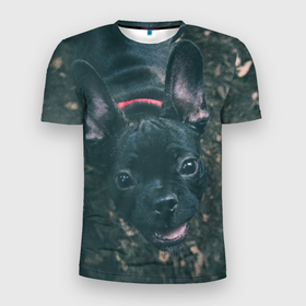 Мужская футболка 3D Slim с принтом Бульдог морда собакена черного в Кировске, 100% полиэстер с улучшенными характеристиками | приталенный силуэт, круглая горловина, широкие плечи, сужается к линии бедра | бульдог | гав | глаза | любимец | любителю животных | ошейник | пес | песель | песик | питомец | псина | псинка | собака | собакен | собачка | собачник | уши | черный | язык