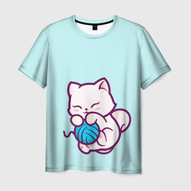 Мужская футболка 3D с принтом Белый котенок с клубком милый в Екатеринбурге, 100% полиэфир | прямой крой, круглый вырез горловины, длина до линии бедер | арт | вектор | зверек | клубок | кот | котенок | кошка | малыш | милашка | милый | минимализм | мультяшно | питомец | примитив | рисунок | смущение