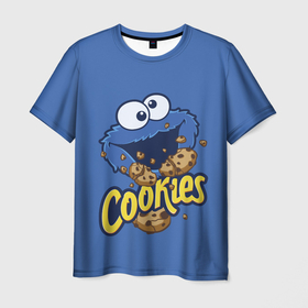 Мужская футболка 3D с принтом Cookies в Рязани, 100% полиэфир | прямой крой, круглый вырез горловины, длина до линии бедер | cookie | cookiemonster | delicious | eat | monster | yummy | еда | коржик | куки | кукимонстр | монстр | печенье | сезам | сладости | улица | улицасезам