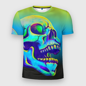 Мужская футболка 3D Slim с принтом Neon skull в Белгороде, 100% полиэстер с улучшенными характеристиками | приталенный силуэт, круглая горловина, широкие плечи, сужается к линии бедра | color | grin | jaw | orbits | skull | teeth | зубы | оскал | пасть | цвет | череп
