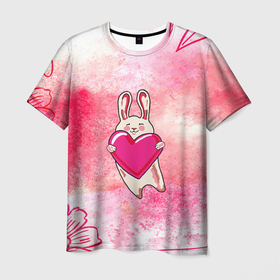 Мужская футболка 3D с принтом Влюбленный Зайчик в Тюмени, 100% полиэфир | прямой крой, круглый вырез горловины, длина до линии бедер | like | love | loveis | pink | валентин | влюбленным | женщинам | животные | зайка | зайчик | заяц | звери | каваи | кролик | лапки | люблю | любовь | мордочка | няшный | подарок | прикольный | сердечки | сердце
