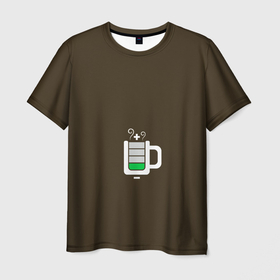 Мужская футболка 3D с принтом Батарейка заряд чашка кофе , 100% полиэфир | прямой крой, круглый вырез горловины, длина до линии бедер | Тематика изображения на принте: аккумулятор | батарейка | вектор | емкость | заряд | кофе | минимализм | простой | разряжено | чай | чашка | энергия