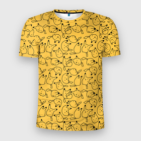 Мужская футболка 3D Slim с принтом Покемон Пикачу в Санкт-Петербурге, 100% полиэстер с улучшенными характеристиками | приталенный силуэт, круглая горловина, широкие плечи, сужается к линии бедра | Тематика изображения на принте: doodling | pikachu | pokemon | textures | дудлинг | желтый покемон | пика пика | пикачу | покемон | покемоны | стикербомбинг | текстуры | фон