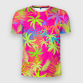 Мужская футболка 3D спортивная с принтом ПАЛЬМЫ / ТРОПИКИ в Тюмени, 100% полиэстер с улучшенными характеристиками | приталенный силуэт, круглая горловина, широкие плечи, сужается к линии бедра | hotline miami | neon | new retro wave | outrun | outrun electro | palmen | pink | rainbow | retro | retrowave | summer | synth | synthwave | tropical | лето | неон | пальмы | радуга | ретро | розовый | тропики | хотлайн майами | цветы