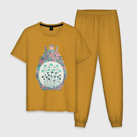 Мужская пижама хлопок с принтом Flower Totoro в Курске, 100% хлопок | брюки и футболка прямого кроя, без карманов, на брюках мягкая резинка на поясе и по низу штанин
 | forest | ghibli | japan | miyazaki | nature | neigbor | neighbour | totoro | анимация | аниме | гибли | друг | животные | лес | любовь | милый | мир | миядзаки | мульт | мультфильм | приключения | природа | сказка | сосед | тоторо
