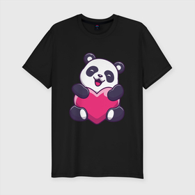 Мужская футболка хлопок Slim с принтом Панда love в Санкт-Петербурге, 92% хлопок, 8% лайкра | приталенный силуэт, круглый вырез ворота, длина до линии бедра, короткий рукав | love | влюблённая панда | панда | панда love | панда обнимает сердечко | панда с сердечком | панда с сердцем | панда сердечко | панда сердце | сердечко | сердце