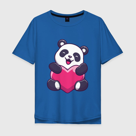 Мужская футболка хлопок Oversize с принтом Панда love в Екатеринбурге, 100% хлопок | свободный крой, круглый ворот, “спинка” длиннее передней части | love | влюблённая панда | панда | панда love | панда обнимает сердечко | панда с сердечком | панда с сердцем | панда сердечко | панда сердце | сердечко | сердце