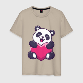 Мужская футболка хлопок с принтом Панда love в Новосибирске, 100% хлопок | прямой крой, круглый вырез горловины, длина до линии бедер, слегка спущенное плечо. | love | влюблённая панда | панда | панда love | панда обнимает сердечко | панда с сердечком | панда с сердцем | панда сердечко | панда сердце | сердечко | сердце