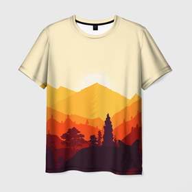 Мужская футболка 3D с принтом Горы закат пейзаж лиса арт в Новосибирске, 100% полиэфир | прямой крой, круглый вырез горловины, длина до линии бедер | арт | вектор | геометрия | горы | закат | лето | лиса | пейзаж | силуэт | символы | фигуры