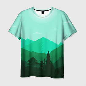 Мужская футболка 3D с принтом Горы пейзаж дикая природа в Новосибирске, 100% полиэфир | прямой крой, круглый вырез горловины, длина до линии бедер | вектор | горы | зеленый | лето | образ | отдых | пейзаж | природа | рисунок | силуэт | солнце