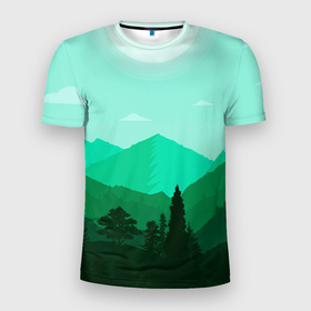 Мужская футболка 3D Slim с принтом Горы пейзаж дикая природа в Новосибирске, 100% полиэстер с улучшенными характеристиками | приталенный силуэт, круглая горловина, широкие плечи, сужается к линии бедра | вектор | горы | зеленый | лето | образ | отдых | пейзаж | природа | рисунок | силуэт | солнце