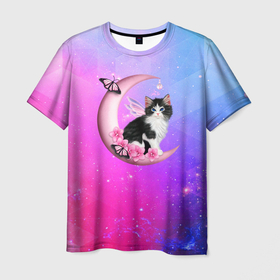 Мужская футболка 3D с принтом Котик На Луне , 100% полиэфир | прямой крой, круглый вырез горловины, длина до линии бедер | cat | cats | kitten | mem | memes | moon | глаза | глазки | киска | кот | котёнок | котик | котики | котэ | котята | кошак | кошка | кошки | красивая | луна | лунный кот | мем | мемчики | милая | прикольная | светлая | темная