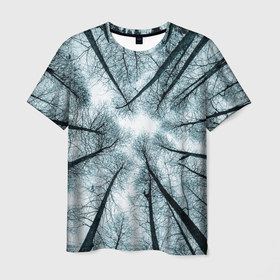 Мужская футболка 3D с принтом Деревья вид снизу мрачный в Белгороде, 100% полиэфир | прямой крой, круглый вырез горловины, длина до линии бедер | ветки | вид снизу | деревья | лес | мрачный | необычный | природа
