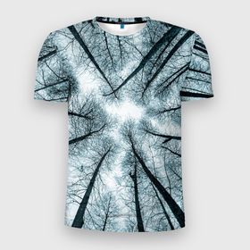Мужская футболка 3D спортивная с принтом Деревья вид снизу мрачный в Белгороде, 100% полиэстер с улучшенными характеристиками | приталенный силуэт, круглая горловина, широкие плечи, сужается к линии бедра | ветки | вид снизу | деревья | лес | мрачный | необычный | природа