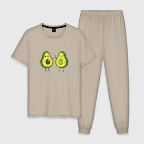 Мужская пижама хлопок с принтом Авокадо Дружба в Новосибирске, 100% хлопок | брюки и футболка прямого кроя, без карманов, на брюках мягкая резинка на поясе и по низу штанин
 | Тематика изображения на принте: avocado | cute | fruits | kawaii | like | loveis | авокадо | азия | влюбленным | груша | детские | дружба | еда | каваи | кокос | любовь | мемы | милые | няшные | овощи | орех | парные | прикольные | рисунок | смешные | тропики