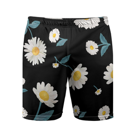 Мужские шорты спортивные с принтом Ромашки ,  |  | белый | для девушек | желтый | летний принт | листочки цветов | ромашка | ромашки | цветочки | цветы | черный фон