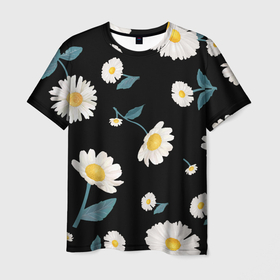 Мужская футболка 3D с принтом Ромашки , 100% полиэфир | прямой крой, круглый вырез горловины, длина до линии бедер | белый | для девушек | желтый | летний принт | листочки цветов | ромашка | ромашки | цветочки | цветы | черный фон