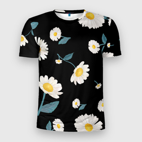 Мужская футболка 3D спортивная с принтом Ромашки в Тюмени, 100% полиэстер с улучшенными характеристиками | приталенный силуэт, круглая горловина, широкие плечи, сужается к линии бедра | белый | для девушек | желтый | летний принт | листочки цветов | ромашка | ромашки | цветочки | цветы | черный фон