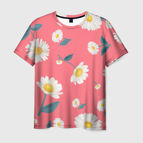 Мужская футболка 3D с принтом Ромашки в Кировске, 100% полиэфир | прямой крой, круглый вырез горловины, длина до линии бедер | белый | для девушек | желтый | летний принт | листочки цветов | розовый фон | ромашка | ромашки | цветочки | цветы