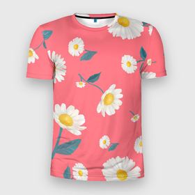 Мужская футболка 3D спортивная с принтом Ромашки в Петрозаводске, 100% полиэстер с улучшенными характеристиками | приталенный силуэт, круглая горловина, широкие плечи, сужается к линии бедра | белый | для девушек | желтый | летний принт | листочки цветов | розовый фон | ромашка | ромашки | цветочки | цветы