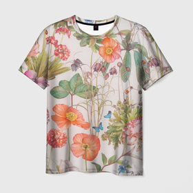 Мужская футболка 3D с принтом Цветы в Кировске, 100% полиэфир | прямой крой, круглый вырез горловины, длина до линии бедер | 2020 | бабочки | летний принт | лето | листья | повседневный принт | цветной принт | цветы | ягоды