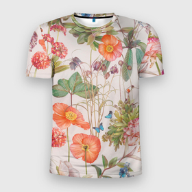 Мужская футболка 3D спортивная с принтом Цветы в Санкт-Петербурге, 100% полиэстер с улучшенными характеристиками | приталенный силуэт, круглая горловина, широкие плечи, сужается к линии бедра | 2020 | бабочки | летний принт | лето | листья | повседневный принт | цветной принт | цветы | ягоды