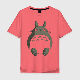 Мужская футболка хлопок Oversize с принтом Тоторо с прозрачным пузиком в Новосибирске, 100% хлопок | свободный крой, круглый ворот, “спинка” длиннее передней части | аниме | гибли | живот | кот | котобус | котя | миядзаки | мой сосед тоторо | персонаж | прозрачное пузико | пузо | студия гибли | тоторо | японский мультик