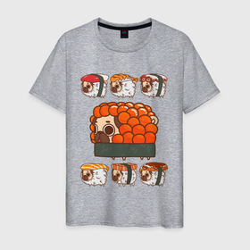 Мужская футболка хлопок с принтом Мопс и роллы в Тюмени, 100% хлопок | прямой крой, круглый вырез горловины, длина до линии бедер, слегка спущенное плечо. | dog | fastfood | fish | food | junkfood | pug | pugle | roll | sushi | susi | джанкфуд | еда | обжора | рыба | собака | суси | сушеф | суши | сушист | фастфуд