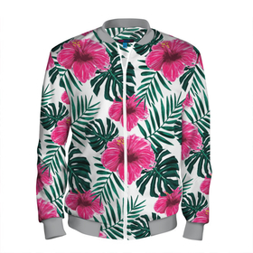Мужской бомбер 3D с принтом Гавайский гибискус в Белгороде, 100% полиэстер | застегивается на молнию, по бокам два кармана без застежек, по низу бомбера и на воротнике - эластичная резинка | Тематика изображения на принте: flower | hawaii | hibiscus | palms | summer | sun | ботаника | гаваи | гавайи | гавайка | гавайская | гибискус | красочная | летняя | лето | листья | отдых | отпуск | пальма | пальмы | пляж | растения | символ