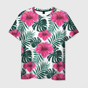 Мужская футболка 3D с принтом Гавайский гибискус в Белгороде, 100% полиэфир | прямой крой, круглый вырез горловины, длина до линии бедер | flower | hawaii | hibiscus | palms | summer | sun | ботаника | гаваи | гавайи | гавайка | гавайская | гибискус | красочная | летняя | лето | листья | отдых | отпуск | пальма | пальмы | пляж | растения | символ