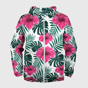 Мужская ветровка 3D с принтом Гавайский гибискус в Белгороде, 100% полиэстер | подол и капюшон оформлены резинкой с фиксаторами, два кармана без застежек по бокам, один потайной карман на груди | Тематика изображения на принте: flower | hawaii | hibiscus | palms | summer | sun | ботаника | гаваи | гавайи | гавайка | гавайская | гибискус | красочная | летняя | лето | листья | отдых | отпуск | пальма | пальмы | пляж | растения | символ
