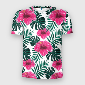 Мужская футболка 3D спортивная с принтом Гавайский гибискус в Новосибирске, 100% полиэстер с улучшенными характеристиками | приталенный силуэт, круглая горловина, широкие плечи, сужается к линии бедра | flower | hawaii | hibiscus | palms | summer | sun | ботаника | гаваи | гавайи | гавайка | гавайская | гибискус | красочная | летняя | лето | листья | отдых | отпуск | пальма | пальмы | пляж | растения | символ