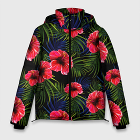 Мужская зимняя куртка 3D с принтом Тропические цветы и листья в Новосибирске, верх — 100% полиэстер; подкладка — 100% полиэстер; утеплитель — 100% полиэстер | длина ниже бедра, свободный силуэт Оверсайз. Есть воротник-стойка, отстегивающийся капюшон и ветрозащитная планка. 

Боковые карманы с листочкой на кнопках и внутренний карман на молнии. | Тематика изображения на принте: flower | flowers | palms | summer | sun | tropical | ботаника | гавайи hawaii | гавайка | гавайская | красочная | летняя | лето | листья | отдых | отпуск | пальма | пальмы | пляж | растения | символ | тропики | тропические