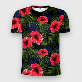 Мужская футболка 3D спортивная с принтом Тропические цветы и листья в Курске, 100% полиэстер с улучшенными характеристиками | приталенный силуэт, круглая горловина, широкие плечи, сужается к линии бедра | flower | flowers | palms | summer | sun | tropical | ботаника | гавайи hawaii | гавайка | гавайская | красочная | летняя | лето | листья | отдых | отпуск | пальма | пальмы | пляж | растения | символ | тропики | тропические
