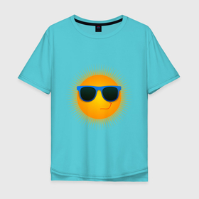 Мужская футболка хлопок Oversize с принтом Солнышко в очках в Белгороде, 100% хлопок | свободный крой, круглый ворот, “спинка” длиннее передней части | Тематика изображения на принте: exclusive merch | жара | зной | каникулы | лето | отпуск | очки | солнце