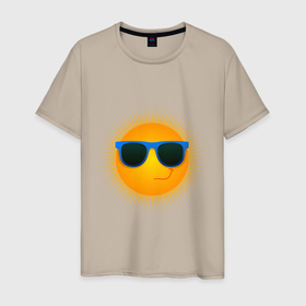 Мужская футболка хлопок с принтом Солнышко в очках в Белгороде, 100% хлопок | прямой крой, круглый вырез горловины, длина до линии бедер, слегка спущенное плечо. | Тематика изображения на принте: exclusive merch | жара | зной | каникулы | лето | отпуск | очки | солнце