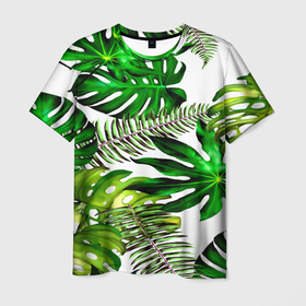 Мужская футболка 3D с принтом ГАВАЙСКИЕ ЛИСТЬЯ в Новосибирске, 100% полиэфир | прямой крой, круглый вырез горловины, длина до линии бедер | summer | tropic | жара | летний | лето | отдых | пальмы | природа | текстура | тропикано | тропики