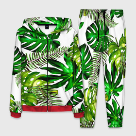 Мужской костюм 3D с принтом ГАВАЙСКИЕ ЛИСТЬЯ в Курске, 100% полиэстер | Манжеты и пояс оформлены тканевой резинкой, двухслойный капюшон со шнурком для регулировки, карманы спереди | summer | tropic | жара | летний | лето | отдых | пальмы | природа | текстура | тропикано | тропики