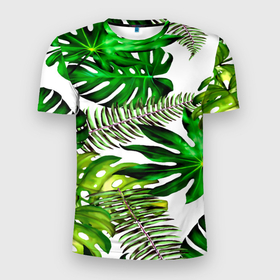Мужская футболка 3D Slim с принтом ГАВАЙСКИЕ ЛИСТЬЯ в Новосибирске, 100% полиэстер с улучшенными характеристиками | приталенный силуэт, круглая горловина, широкие плечи, сужается к линии бедра | summer | tropic | жара | летний | лето | отдых | пальмы | природа | текстура | тропикано | тропики