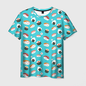Мужская футболка 3D с принтом Sushi в Курске, 100% полиэфир | прямой крой, круглый вырез горловины, длина до линии бедер | Тематика изображения на принте: sushi | еда | онигири | роллы | суши | япония