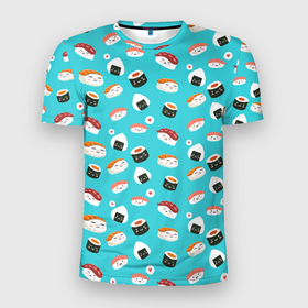 Мужская футболка 3D спортивная с принтом Sushi в Курске, 100% полиэстер с улучшенными характеристиками | приталенный силуэт, круглая горловина, широкие плечи, сужается к линии бедра | Тематика изображения на принте: sushi | еда | онигири | роллы | суши | япония